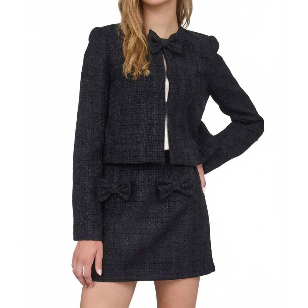 NEW THE WORKSHOP STUDIO mia bow detail tweed cropped blazer in black